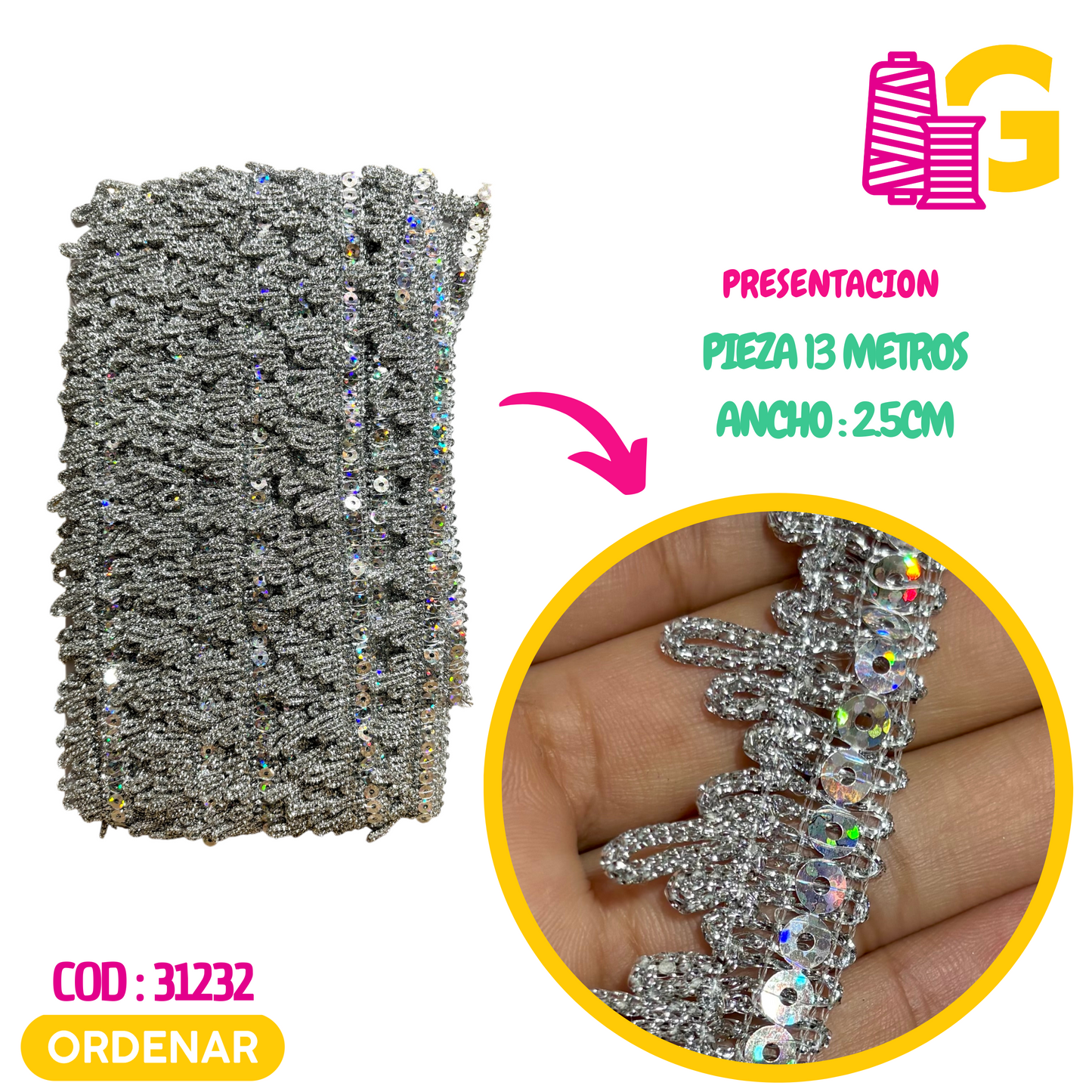 GRECA TRINCHE CON LENTEJUELA X PIEZA 13 MTR