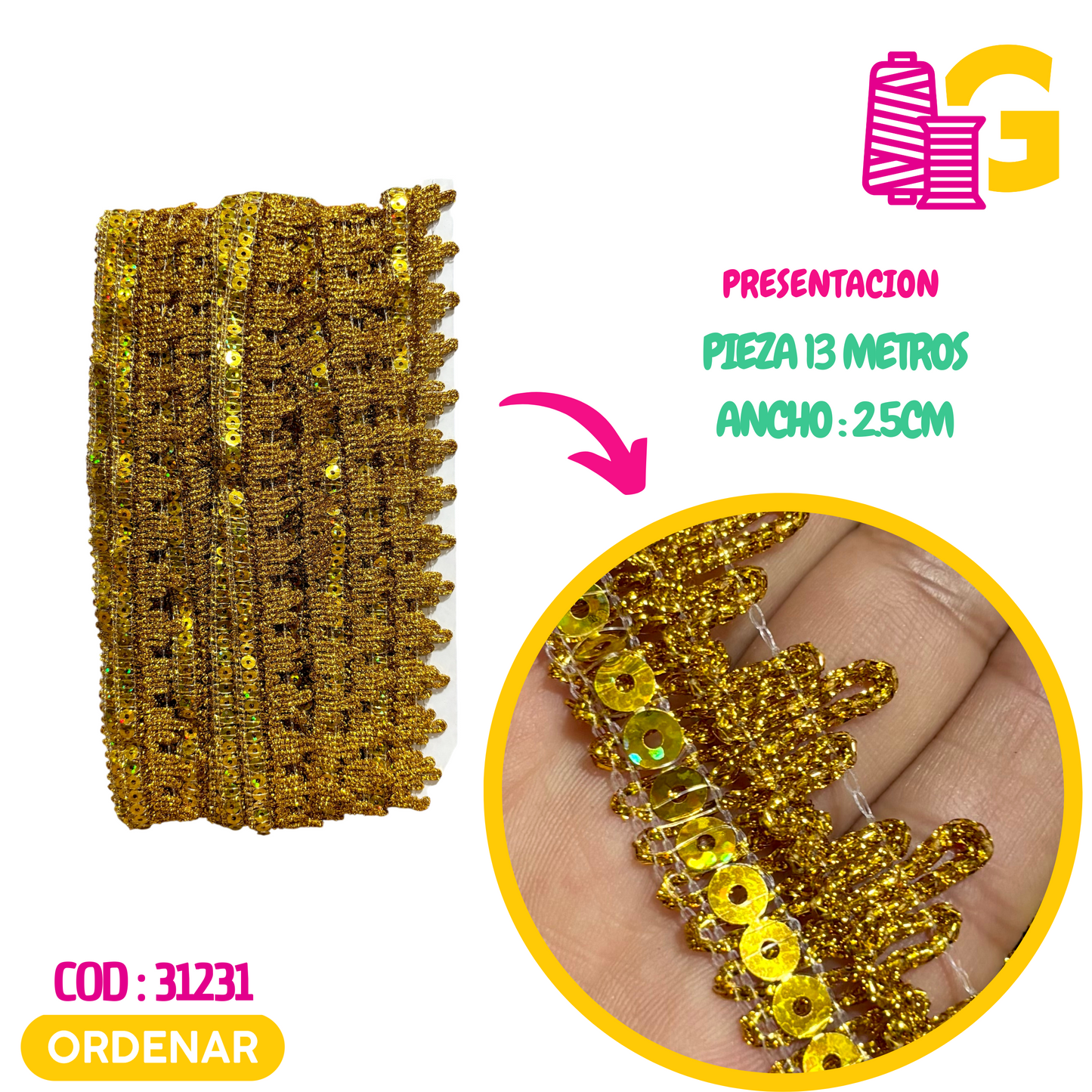 GRECA TRINCHE CON LENTEJUELA X PIEZA 13 MTR