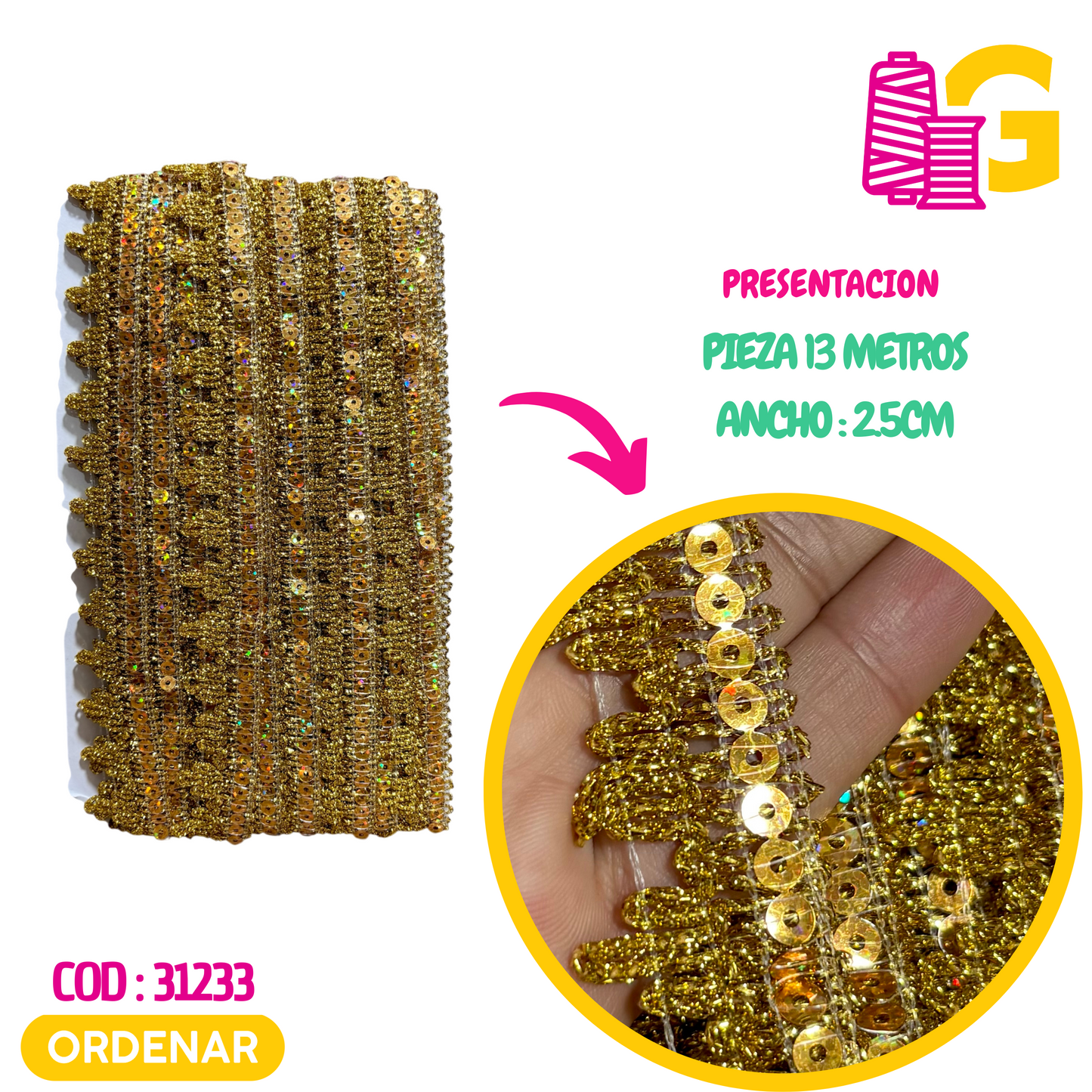GRECA TRINCHE CON LENTEJUELA X PIEZA 13 MTR