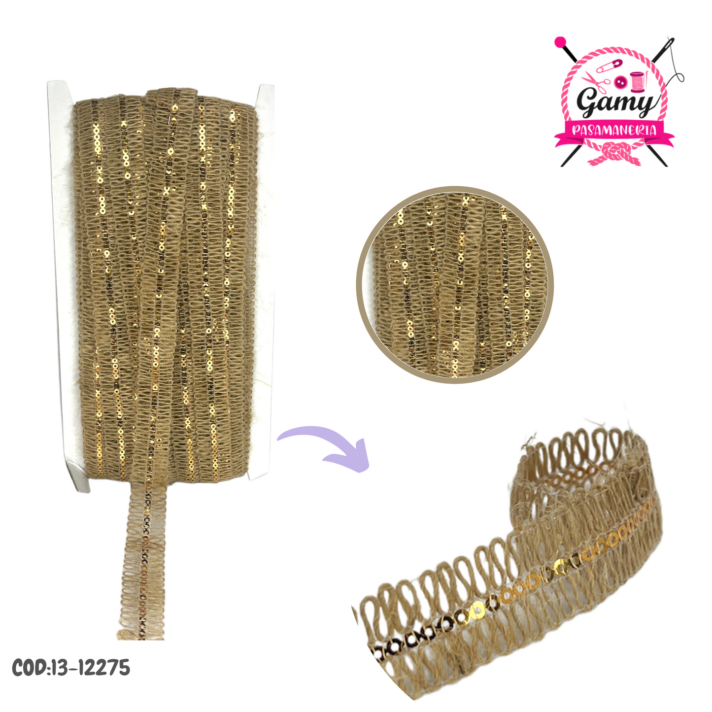 GRECA DE YUTE CON LENTEJULA X PZ. 15 YARDAS