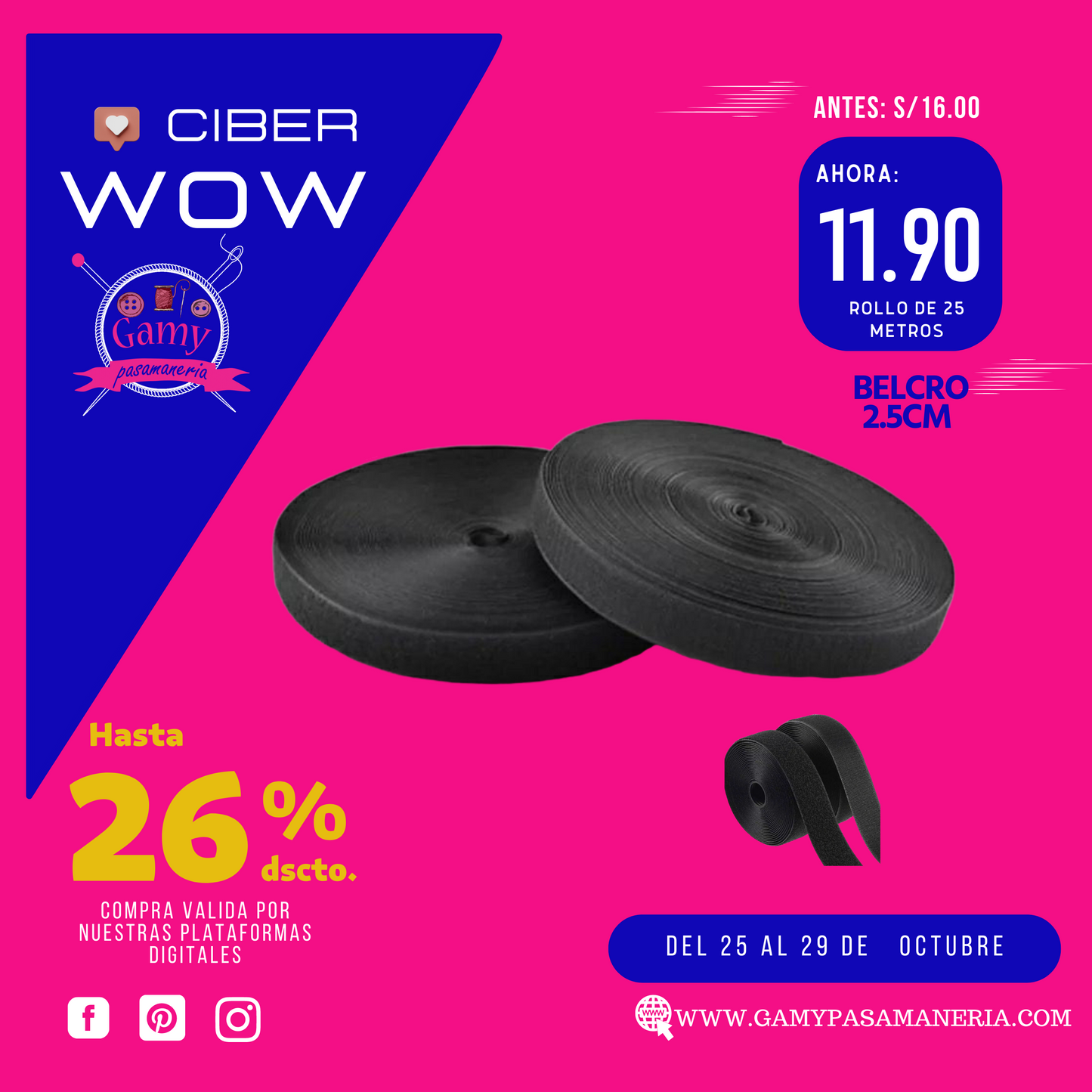 VELCRO O PEGA POR ROLLO 25 METROS ¡PRODCUTO CON DESCUENTO!