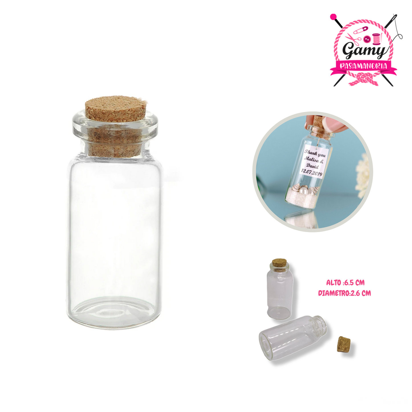 ENVASES DECORATIVOS DE VIDRIO CON CORCHO POR DOCENA