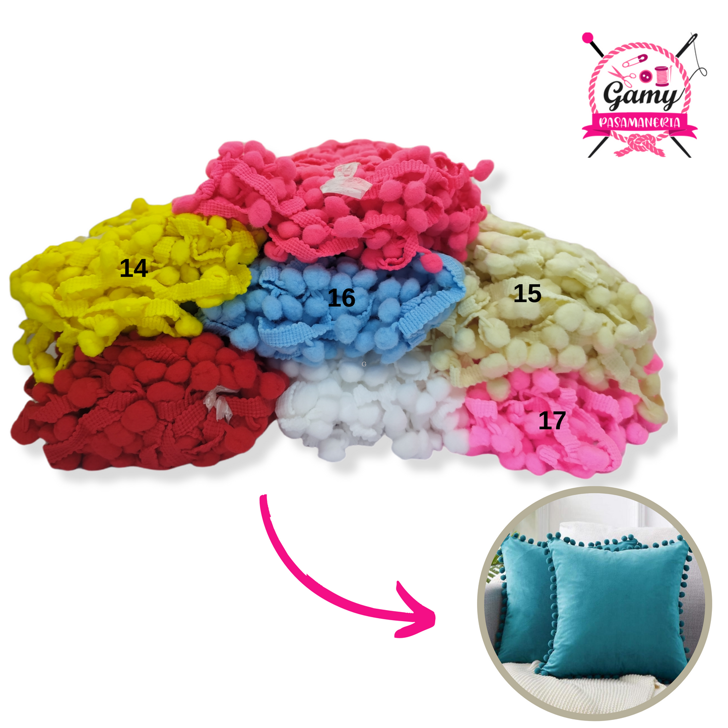 POM POM CONTINUO POR MADEJA DE 18 MTRS.