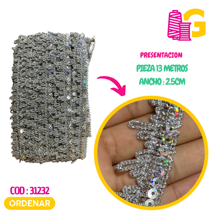 GRECA TRINCHE CON LENTEJUELA X PIEZA 13 MTR